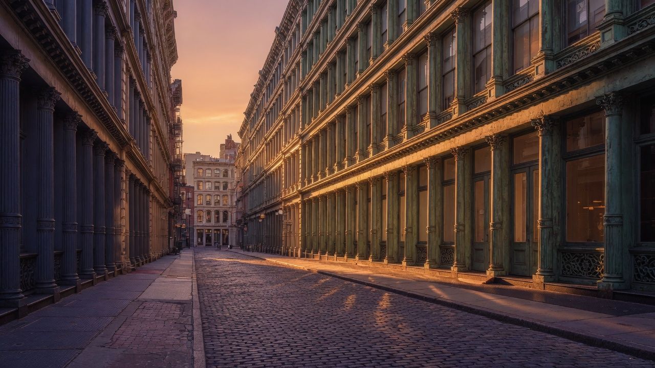 Greene Street cast iron canyon at golden hour — SoHo Historic District
