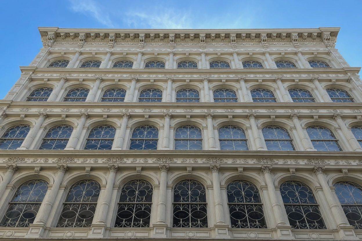 Heroic low-angle view of full cast iron facade — SoHo