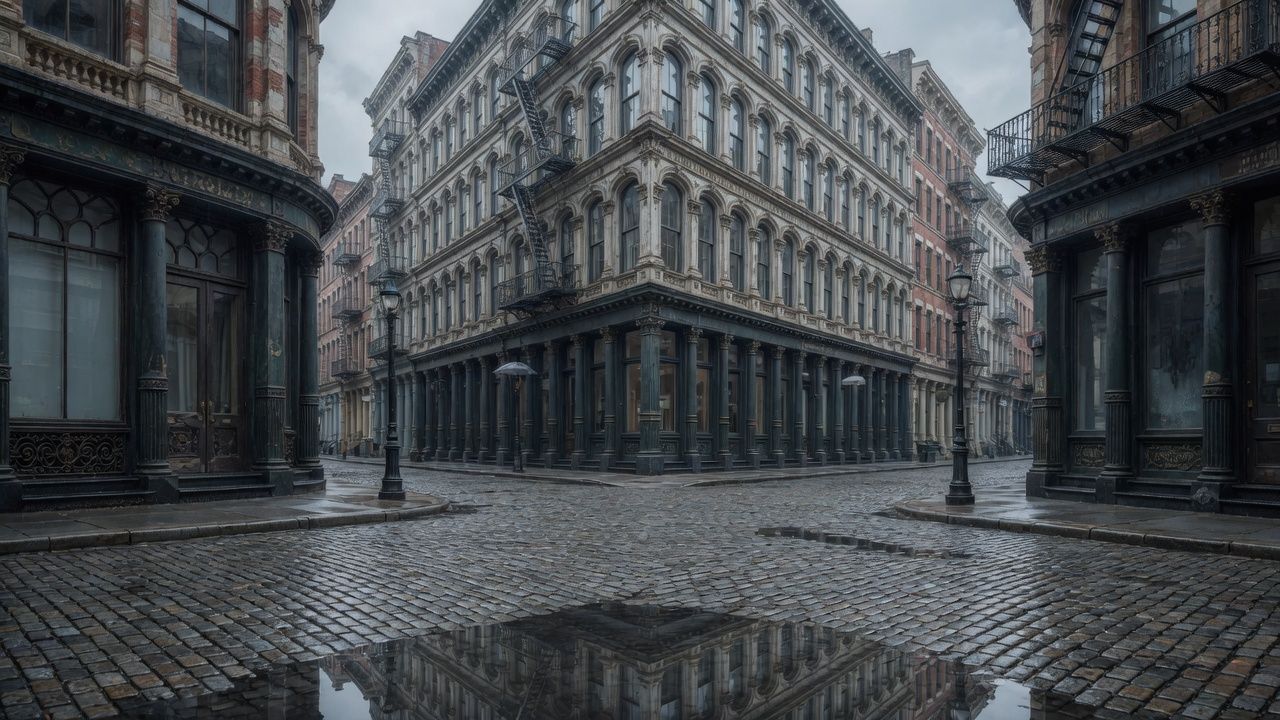 SoHo Cast Iron intersection after rain — cobblestone reflections and iron facades
