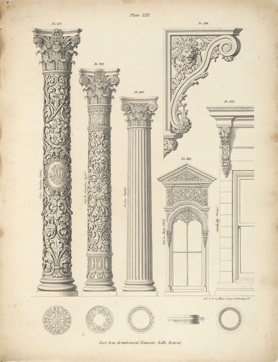 Catalog plate — elaborate cast iron column capitals, brackets and facade elements