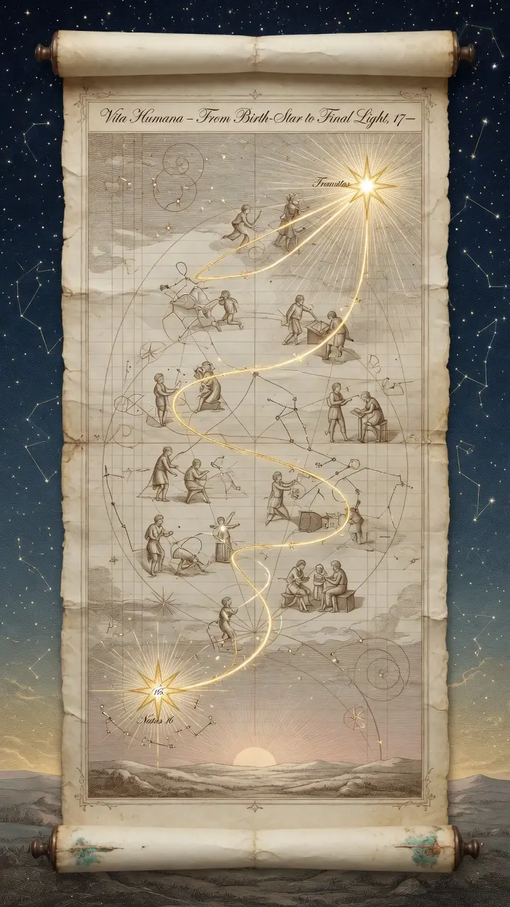 An engraved scroll showing a luminous thread spiralling from a birth-star to a final star