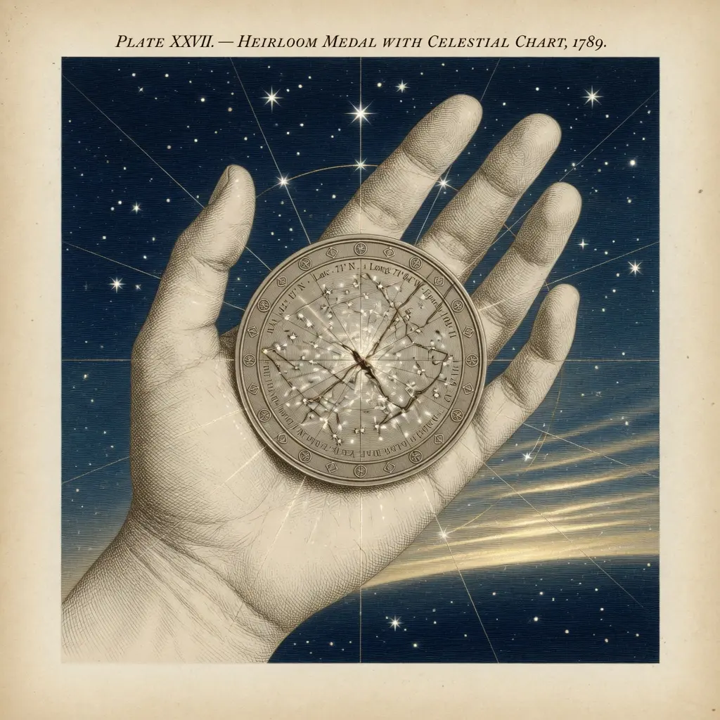 An heirloom medal struck with a constellation and coordinates, held in an open palm