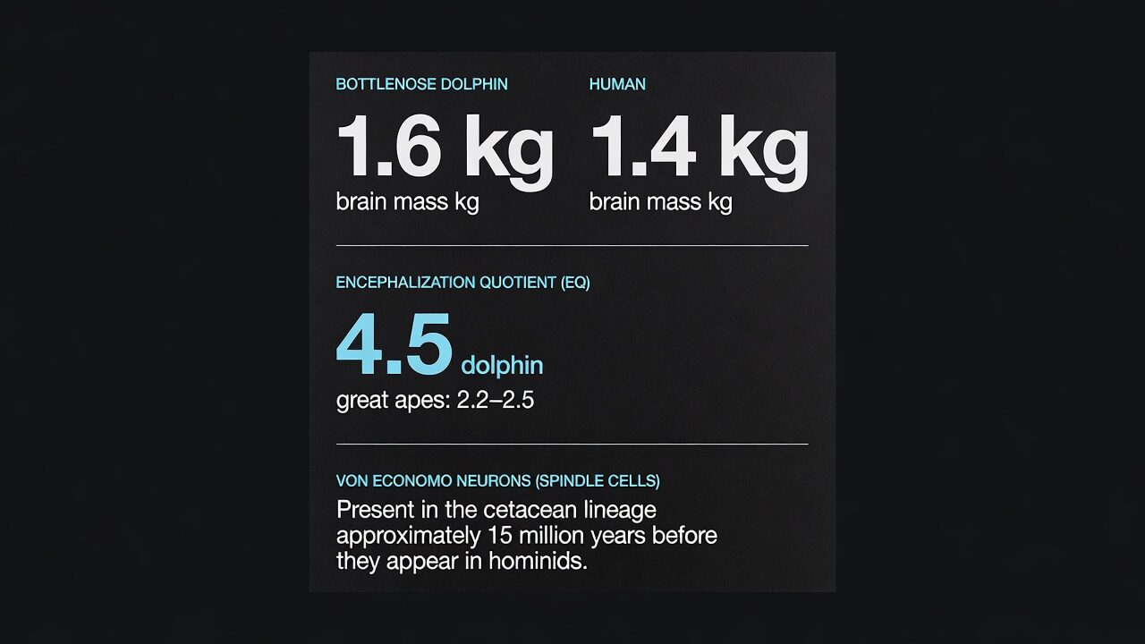 Bottlenose dolphin brain 1.6 kg vs human 1.4 kg; encephalization quotient 4.5 vs great apes 2.2–2.5; von Economo neurons present in cetaceans roughly 15 million years before hominids