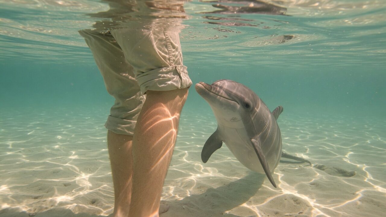 Underwater view of a young bottlenose dolphin gently examining the back of a person's knee in the shallow flooded lab