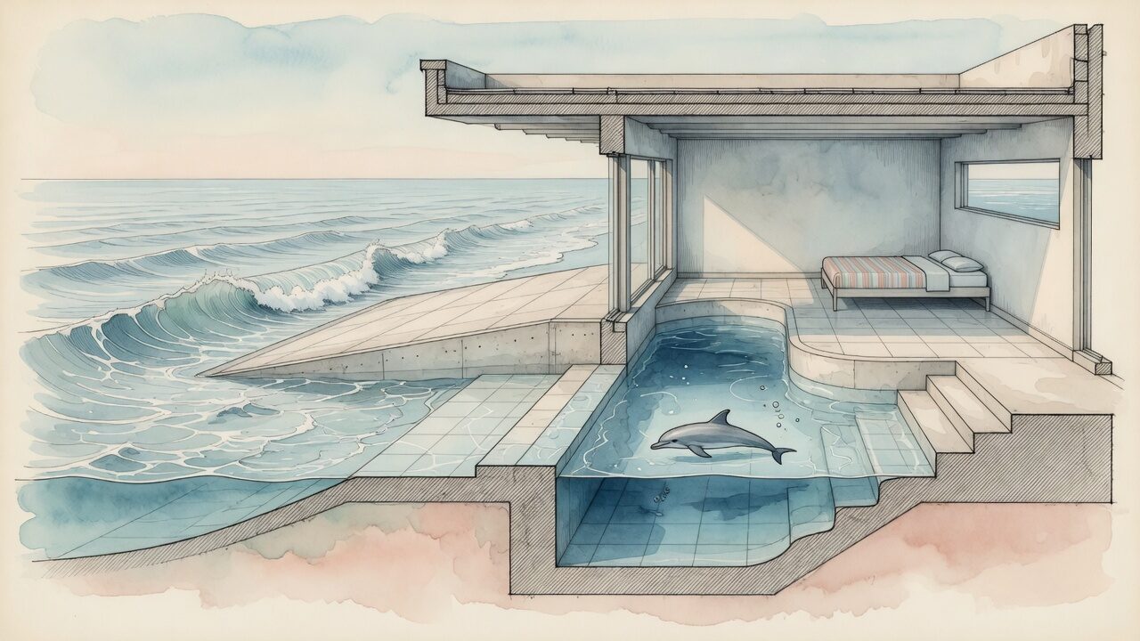 Mid-century architectural cross-section of the St. Thomas lab: wave ramp from the sea, shallow encounter zone, deeper swimming channel, and dry platform with bed